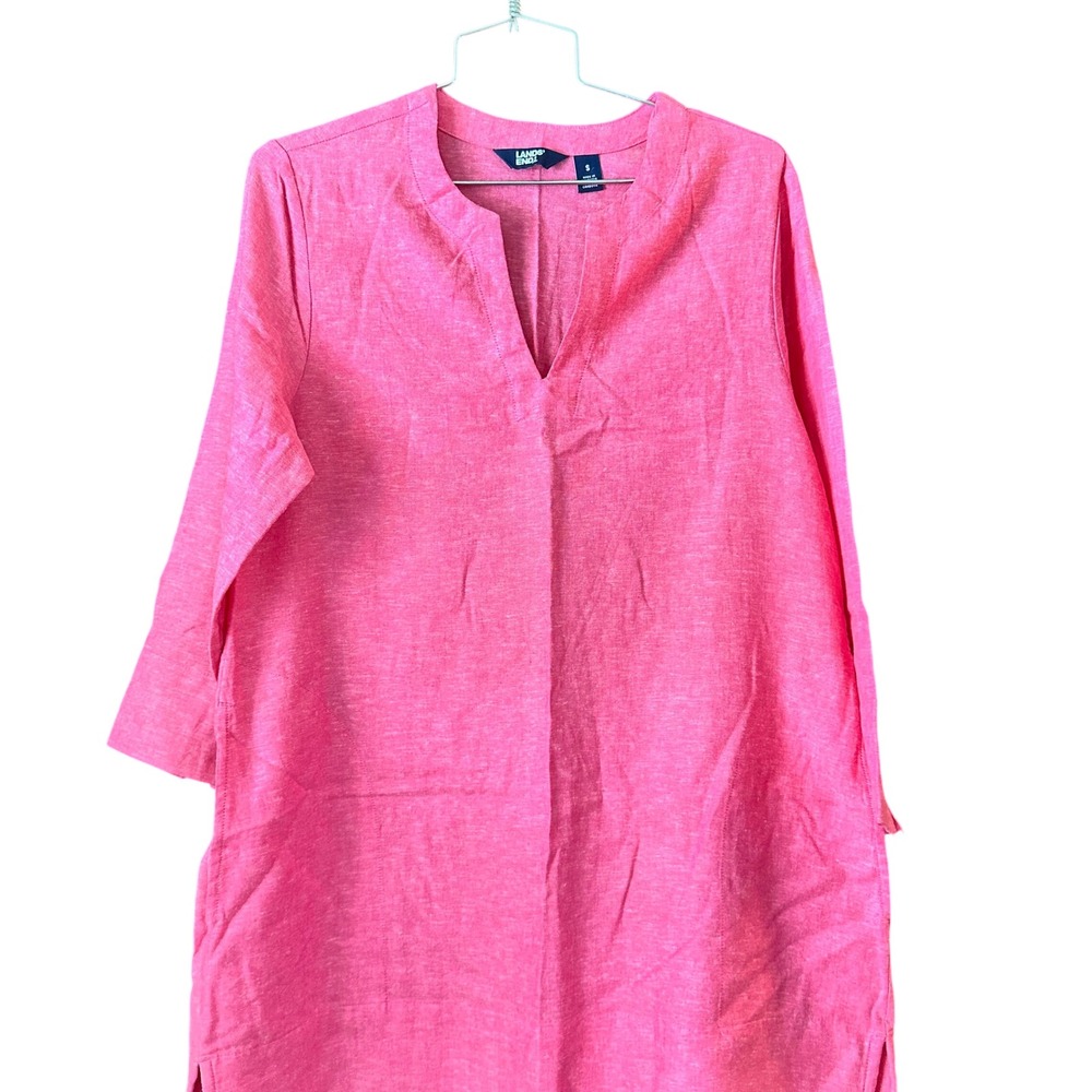 Lands' End Pink LineN Split Neck Tunic Top Small Side Vents